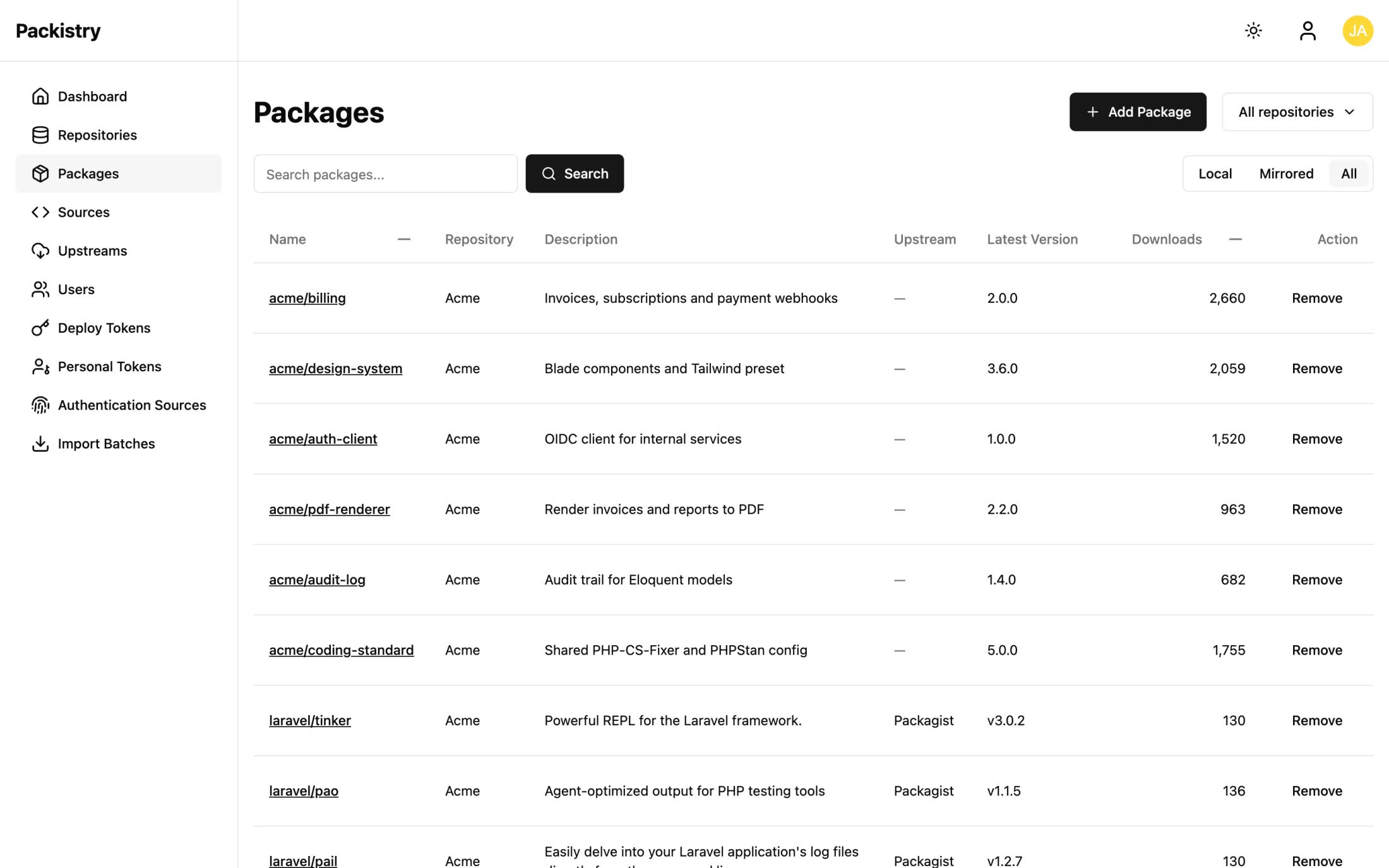 The Packistry packages page, listing private and mirrored packages
